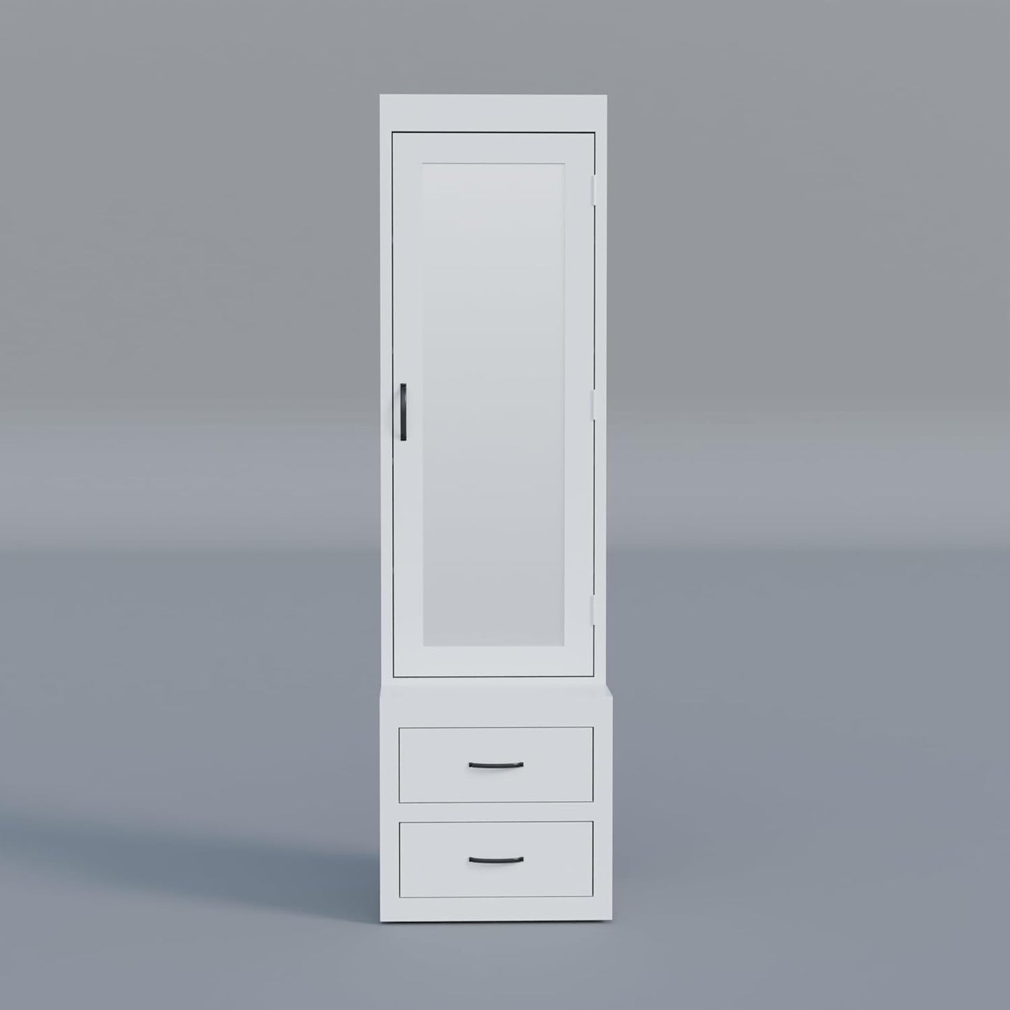 Modern Home tall white storage cabinet with a mirrored door and two bottom drawers featuring sleek metal handles.