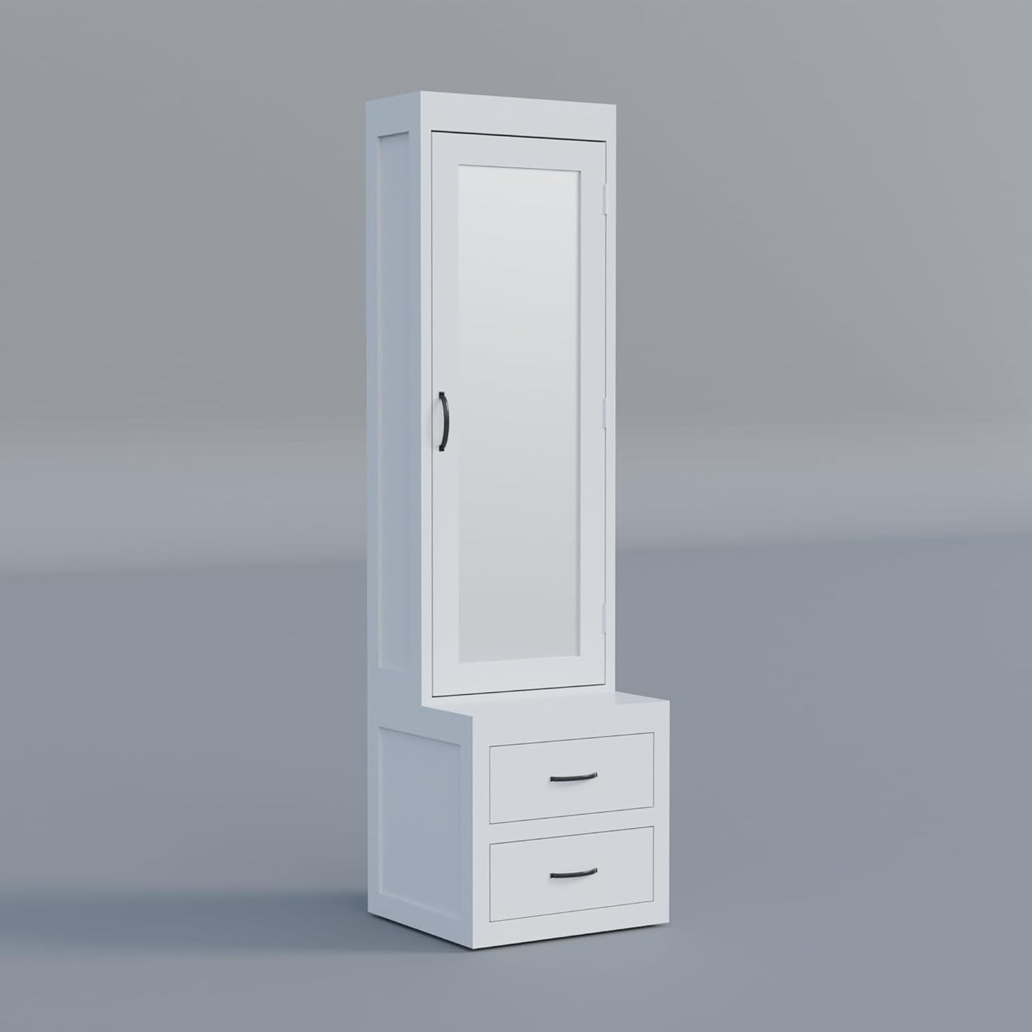 Modern Home tall white storage cabinet with a mirrored door and two bottom drawers featuring sleek black handles.