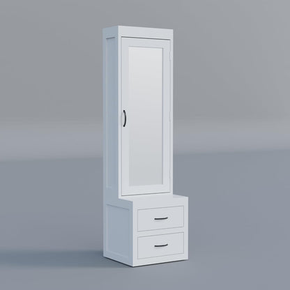 Modern Home tall white storage cabinet with a mirrored door and two bottom drawers featuring sleek black handles.