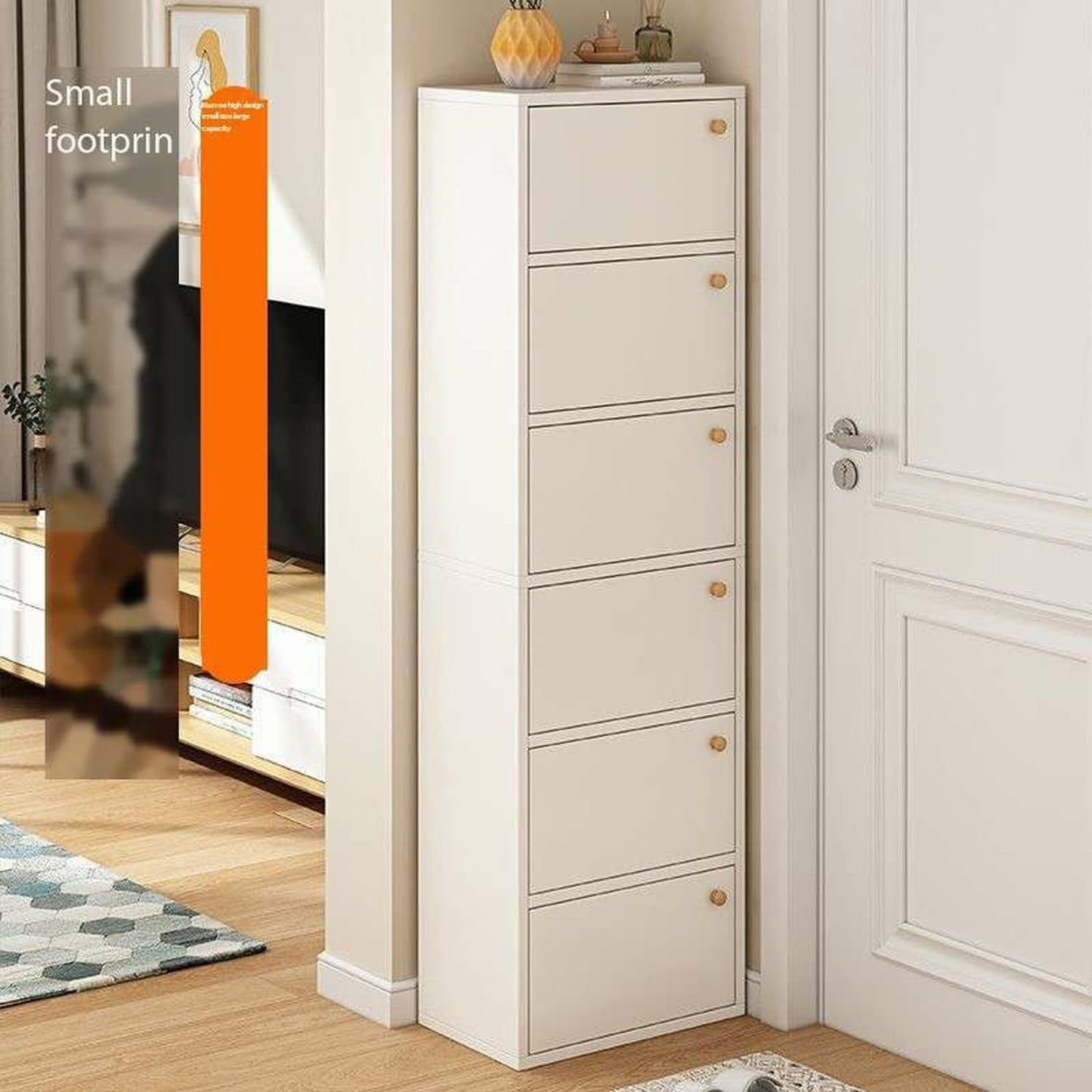 Modern Home tall white vertical shoe storage cabinet with six compartments and magnetic doors in a modern entryway.