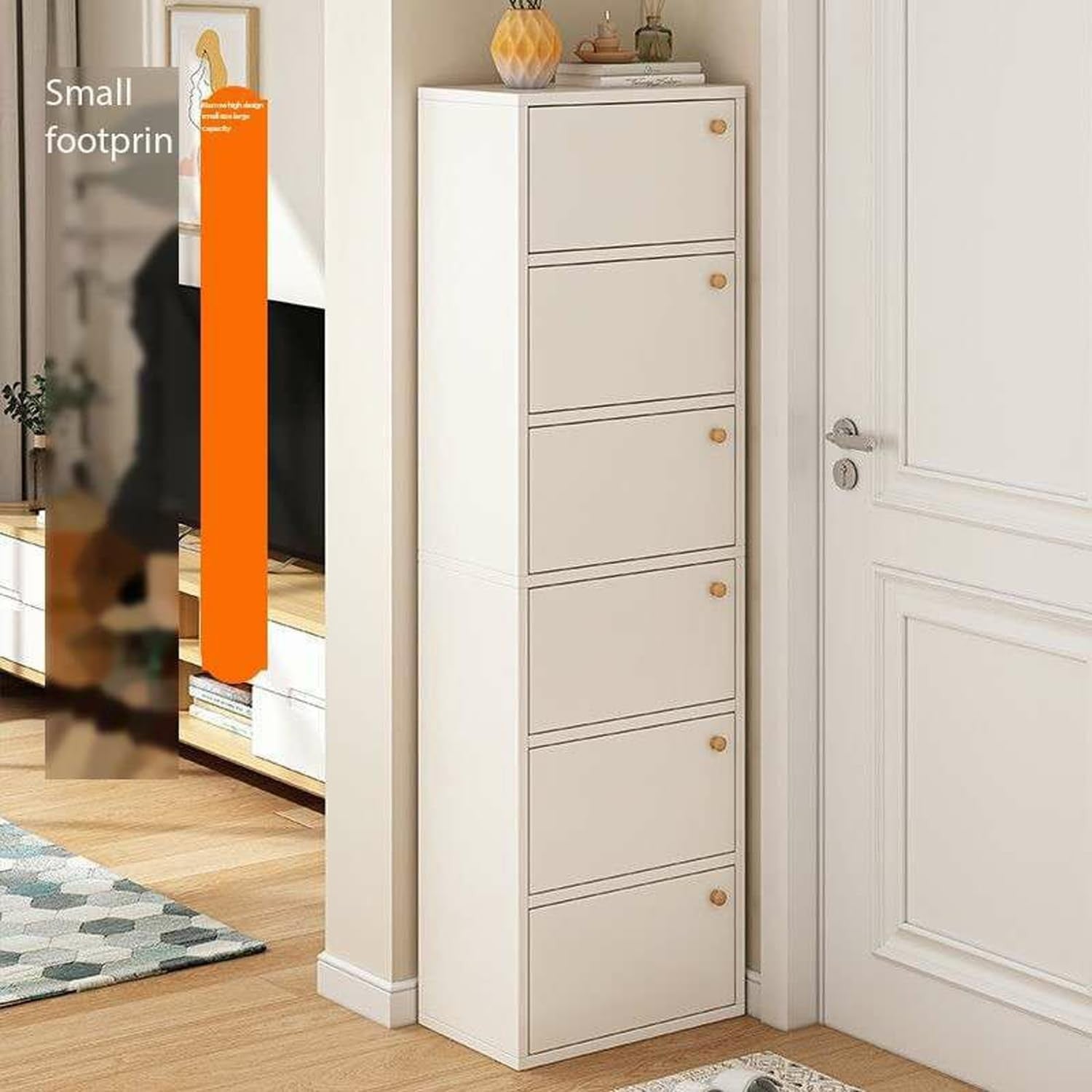 Modern Home tall white vertical shoe storage cabinet with six compartments and magnetic doors in a modern entryway.