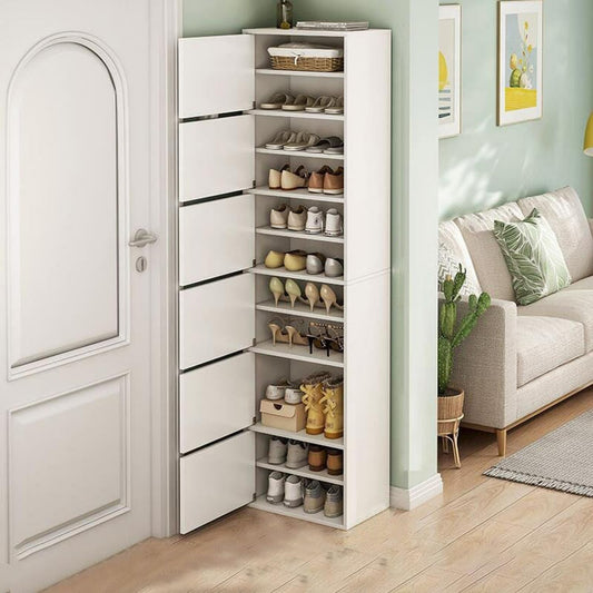 Modern Home tall white vertical shoe storage cabinet with six compartments in a bright entryway.