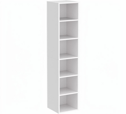 Modern Home tall narrow white six-tier vertical storage bookcase for small spaces and home organization
