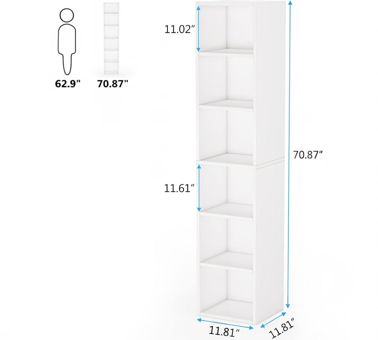 Modern Home tall white six-tier vertical storage bookcase with slim dimensions for space-saving organization.