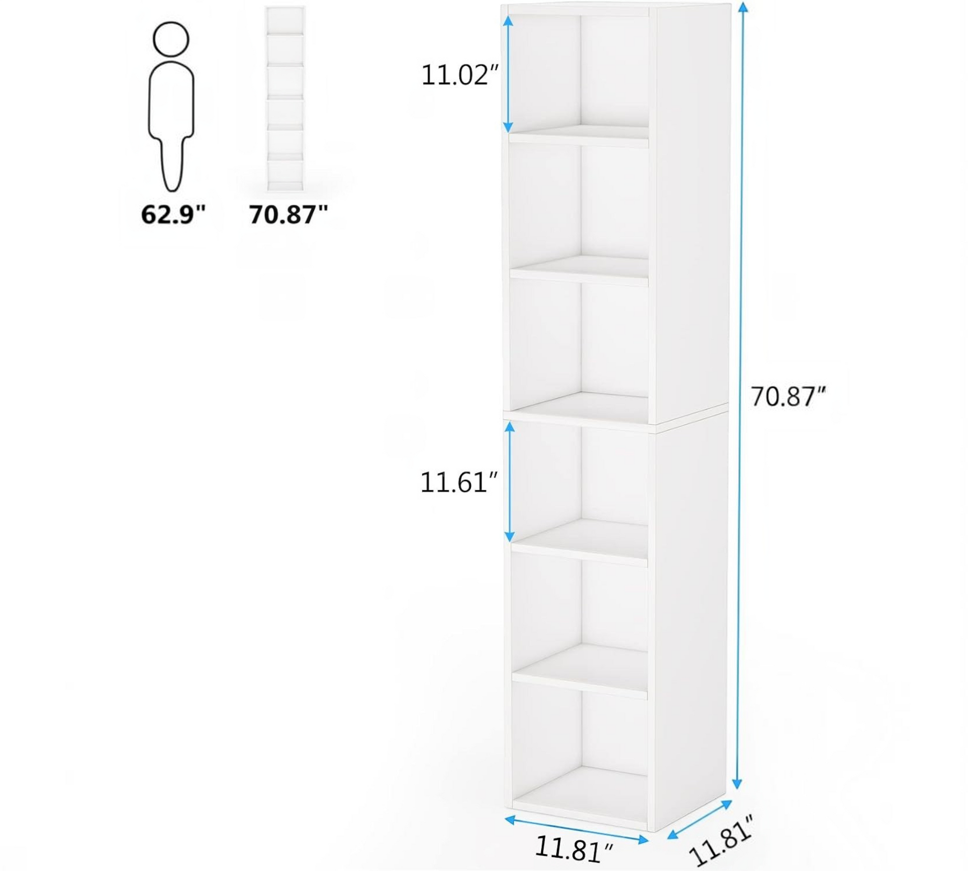 Modern Home tall white six-tier vertical storage bookcase with slim dimensions for space-saving organization.