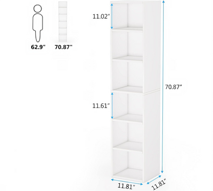 Modern Home tall white six-tier vertical storage bookcase with slim dimensions for space-saving organization.