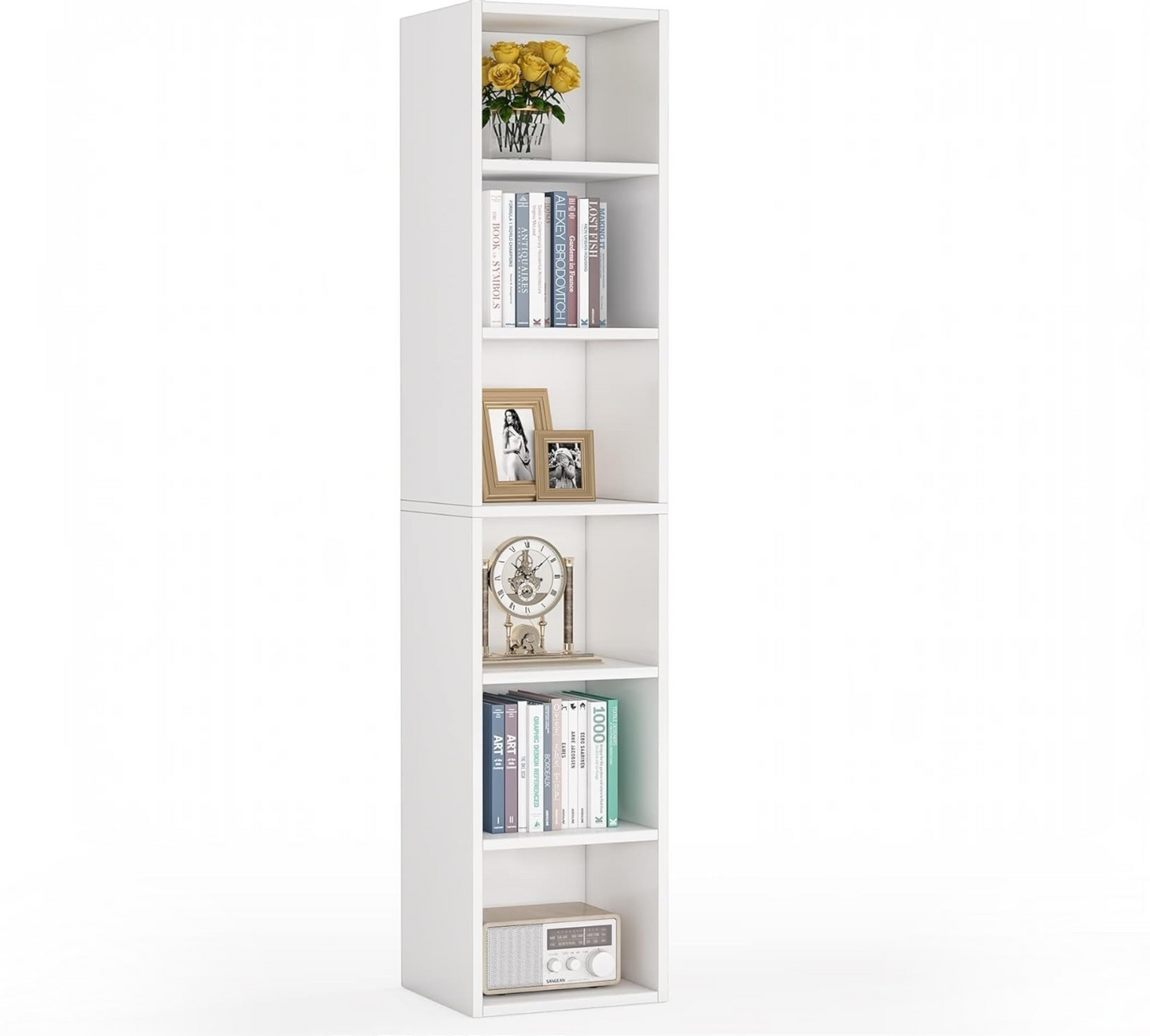 Modern Home tall white six-tier vertical bookshelf with open shelving for books and decor in a minimalist style.
