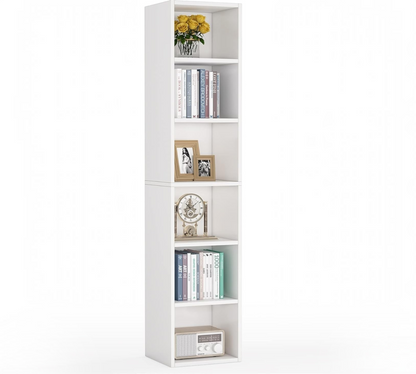 Modern Home tall white six-tier vertical bookshelf with open shelving for books and decor in a minimalist style.