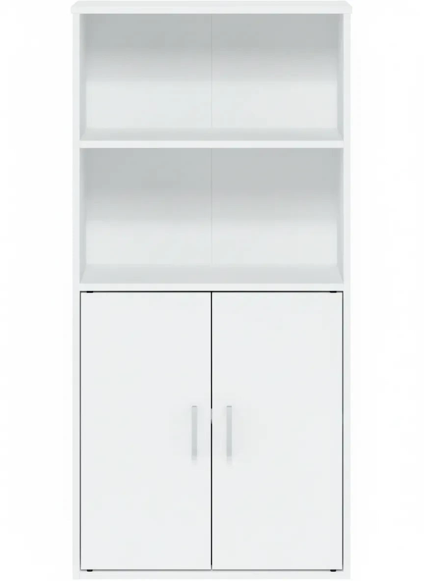 Modern Home tall white storage cabinet featuring two open display shelves and a double-door cupboard base.
