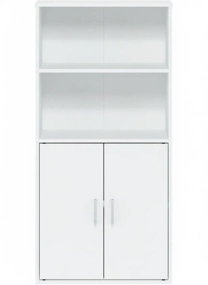 Modern Home tall white storage cabinet featuring two open display shelves and a double-door cupboard base.
