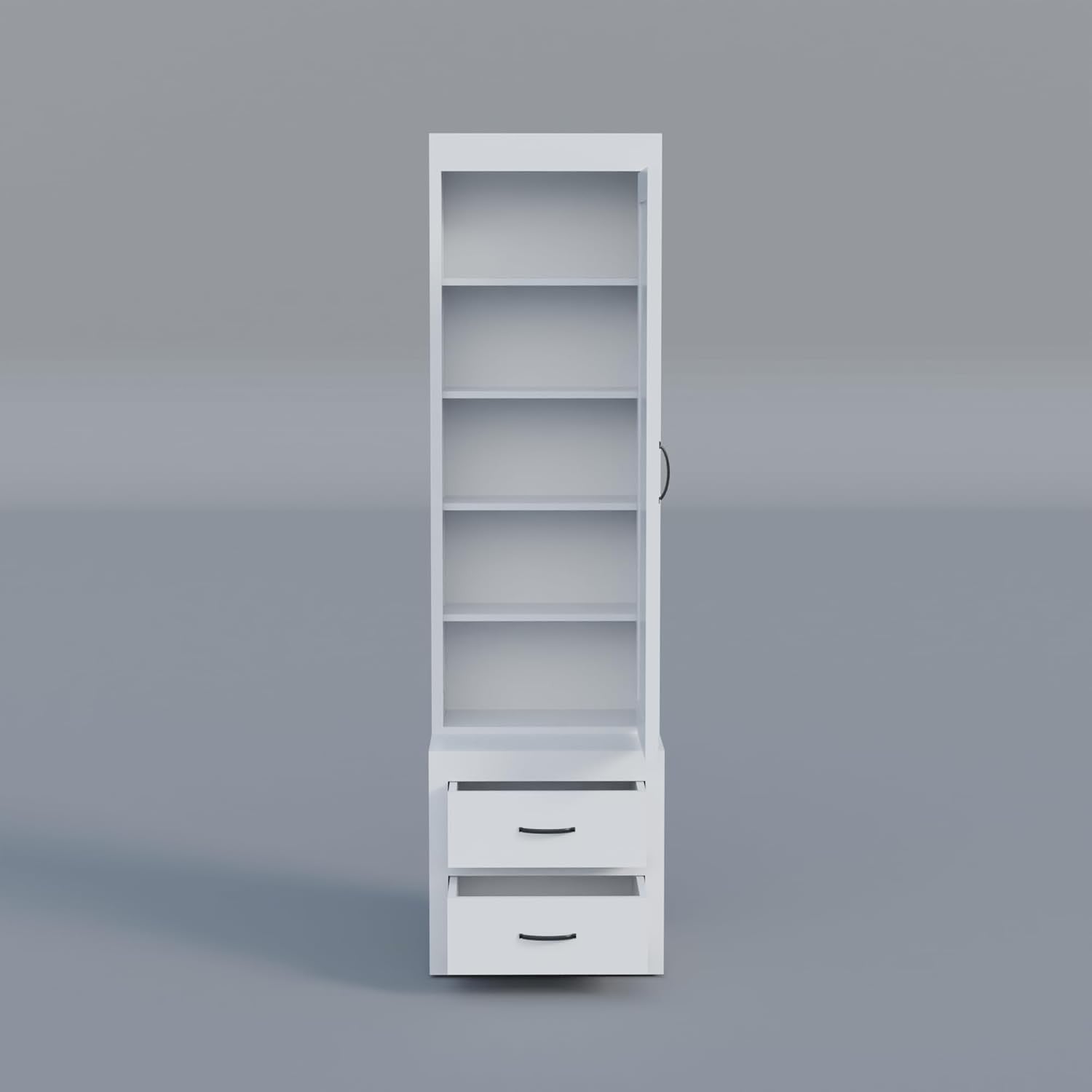 Modern Home tall white storage cabinet with open shelves and two bottom drawers featuring sleek black handles.