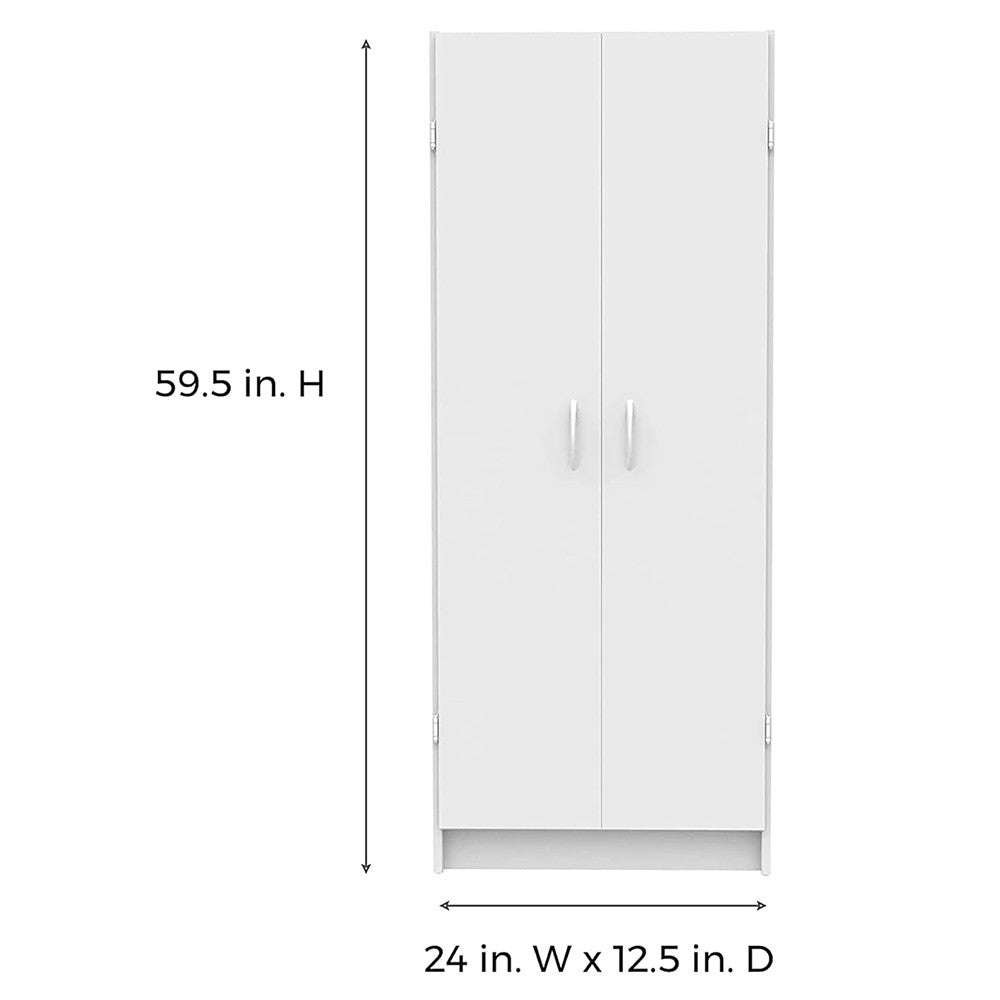 Modern Home tall white two-door utility storage cabinet with dimensions for laundry or bathroom organization.