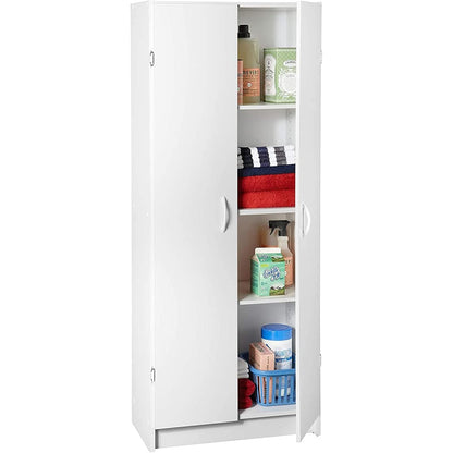 Modern Home tall white two-door utility storage cabinet with interior shelves holding laundry and cleaning supplies.