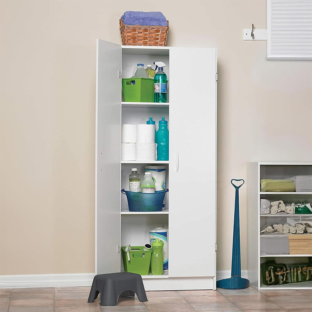 Modern Home tall white two-door utility storage cabinet filled with cleaning supplies and household items