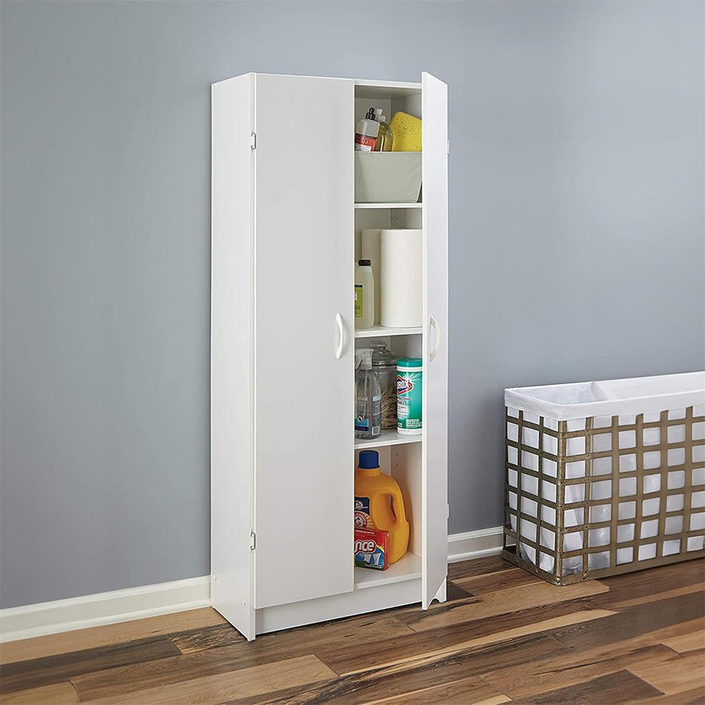 Modern Home tall white two-door utility storage cabinet with interior shelves holding cleaning supplies in a room.