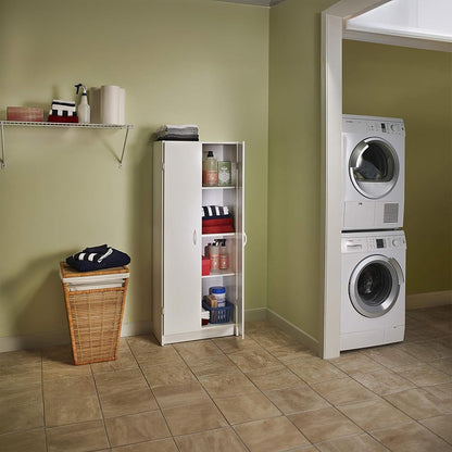 Modern Home tall white two-door utility cabinet in a laundry room with shelves holding cleaning supplies and linens.
