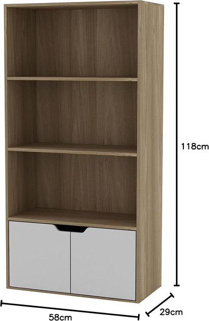 Modern Home tall bookcase with natural wood grain finish, three open shelves, and white lower cabinet doors.