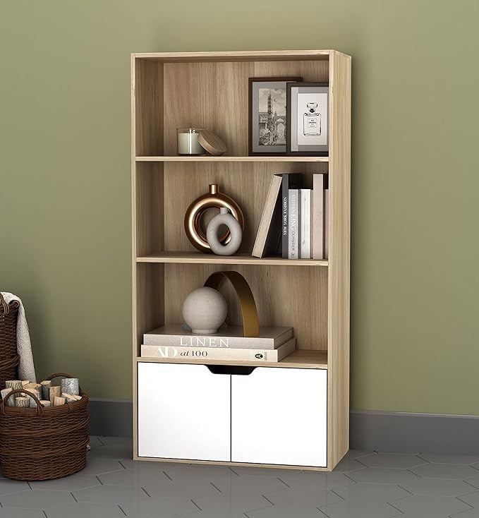 Modern Home tall bookcase with natural wood finish, open shelves, and white lower cabinet doors for home storage.