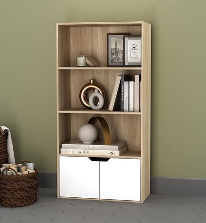 Modern Home tall bookcase with natural wood finish, open shelves, and white lower cabinet doors for home storage.