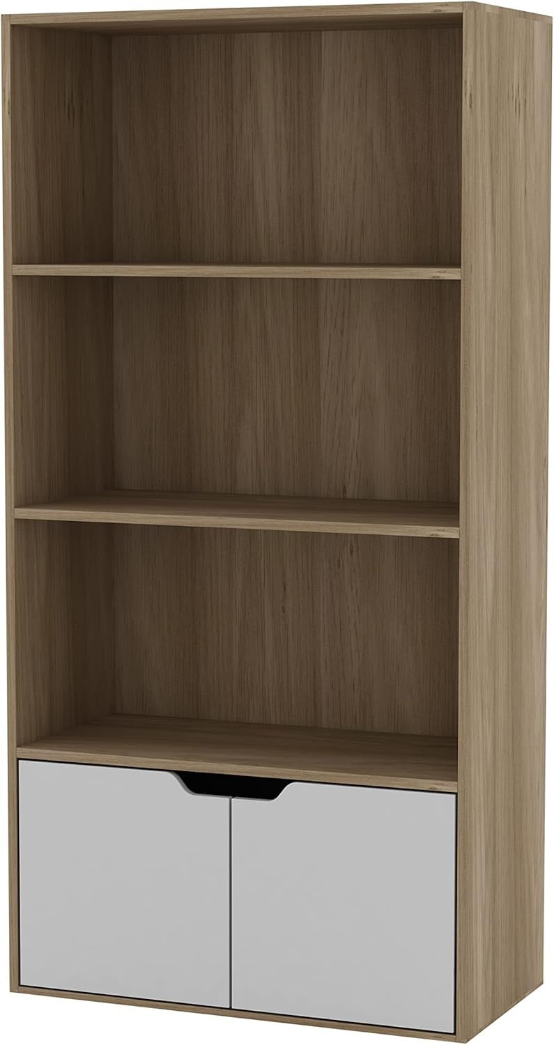 Modern Home tall bookcase with natural wood grain finish, open shelving, and white lower cabinet doors.