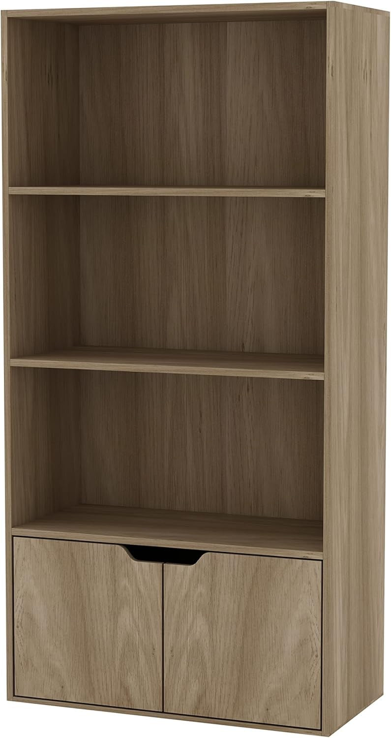 Modern Home tall wooden bookcase with three open shelves and a lower cabinet featuring handle-less doors in oak finish