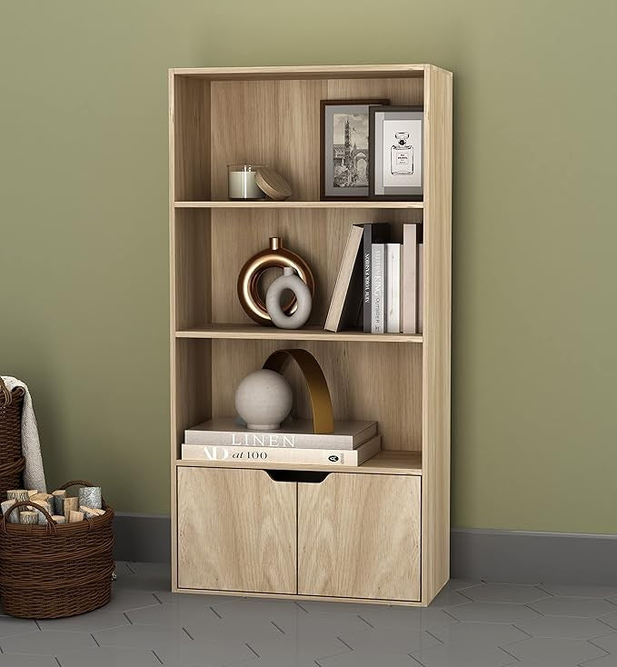 Modern Home tall wooden bookcase with three open shelves and a lower cabinet with handle-less doors in natural oak.