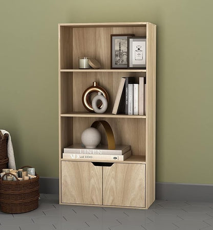 Modern Home tall wooden bookcase with three open shelves and a lower cabinet with handle-less doors in natural oak.