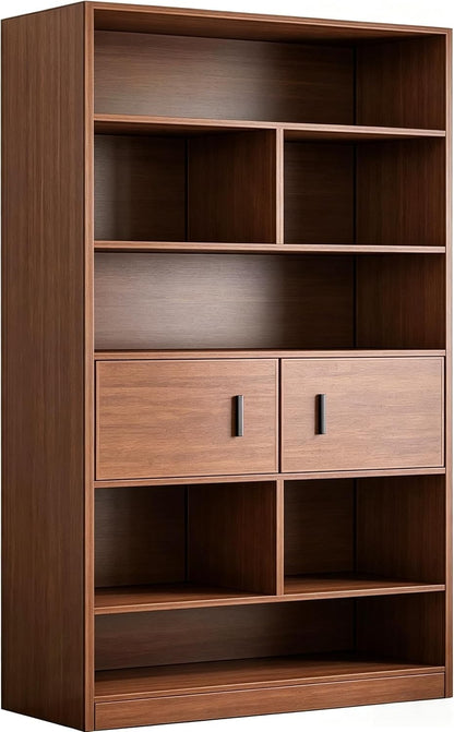 Modern Home tall wooden bookcase with open shelves and two central storage drawers in a warm wood-grain finish.