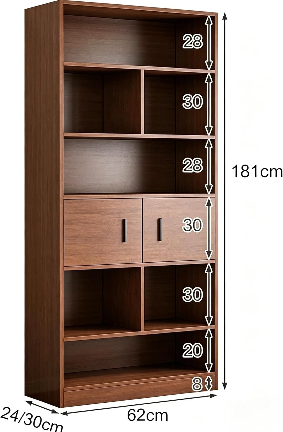 Modern Home tall wooden storage bookcase with open shelves and two cabinet doors in a warm wood-grain finish.