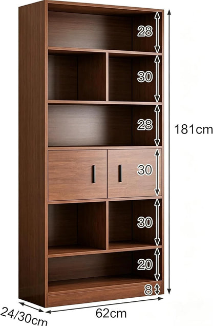 Modern Home tall wooden storage bookcase with open shelves and two cabinet doors in a warm wood-grain finish.