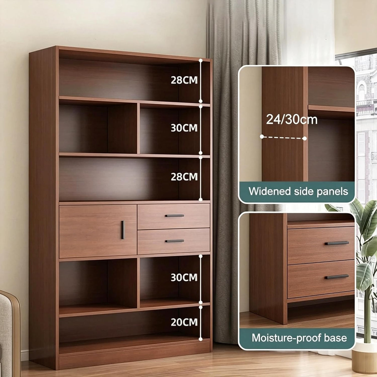 Modern Home tall wooden storage bookcase with open shelves, drawers, and cabinet doors in a warm wood-grain finish.