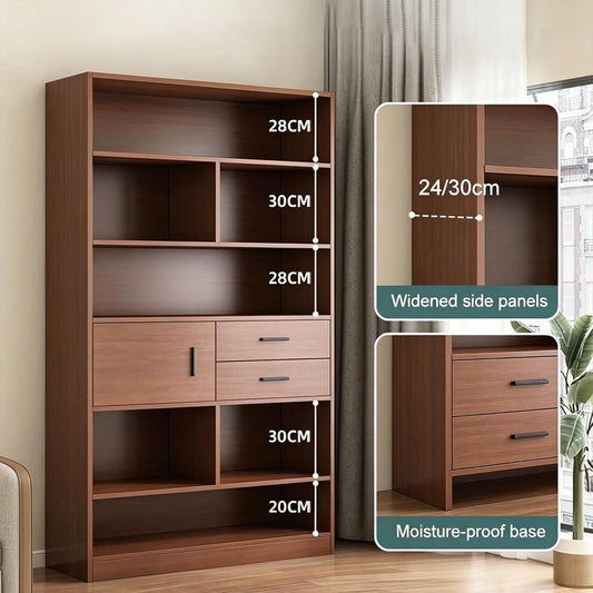 Modern Home tall wooden storage bookcase with open shelves, drawers, and cabinet doors in a warm wood-grain finish.