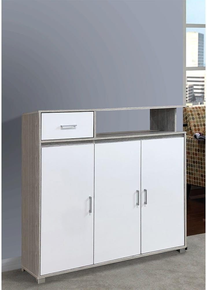 Modern Home three-door storage cabinet with a white drawer and rustic wood-grain frame in a contemporary living room.