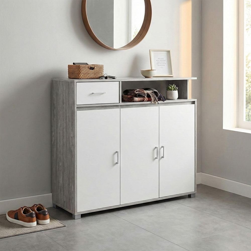 Modern Home three-door storage cabinet with a drawer, featuring a white and rustic grey wood-grain finish in a hallway.
