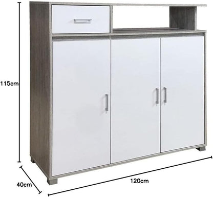 Modern Home three-door storage cabinet with a drawer and open shelf in a two-tone rustic wood and white finish.