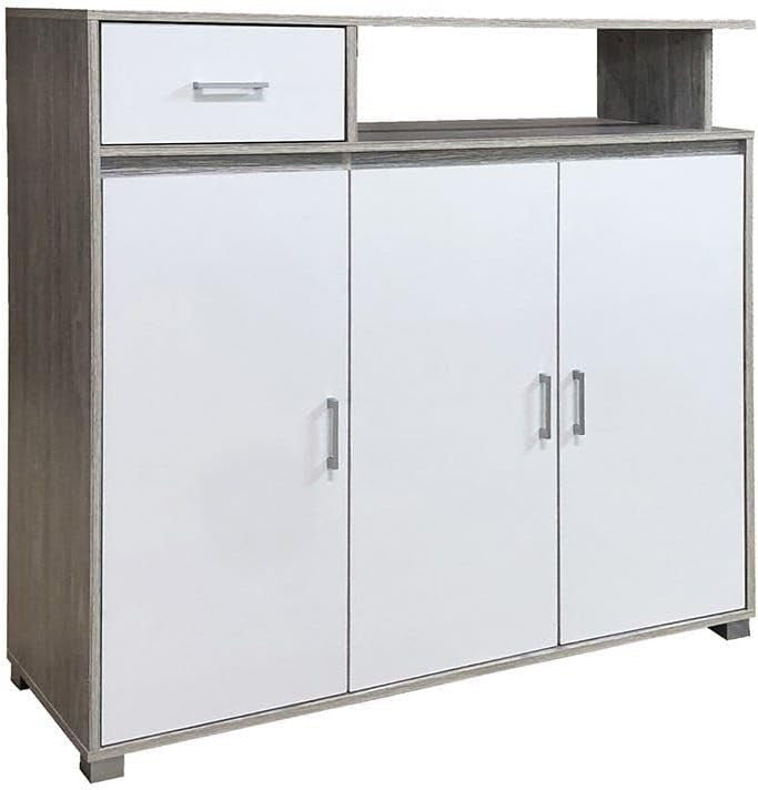 Modern Home three-door storage cabinet with a white drawer and rustic wood-grain finish for modern living spaces.