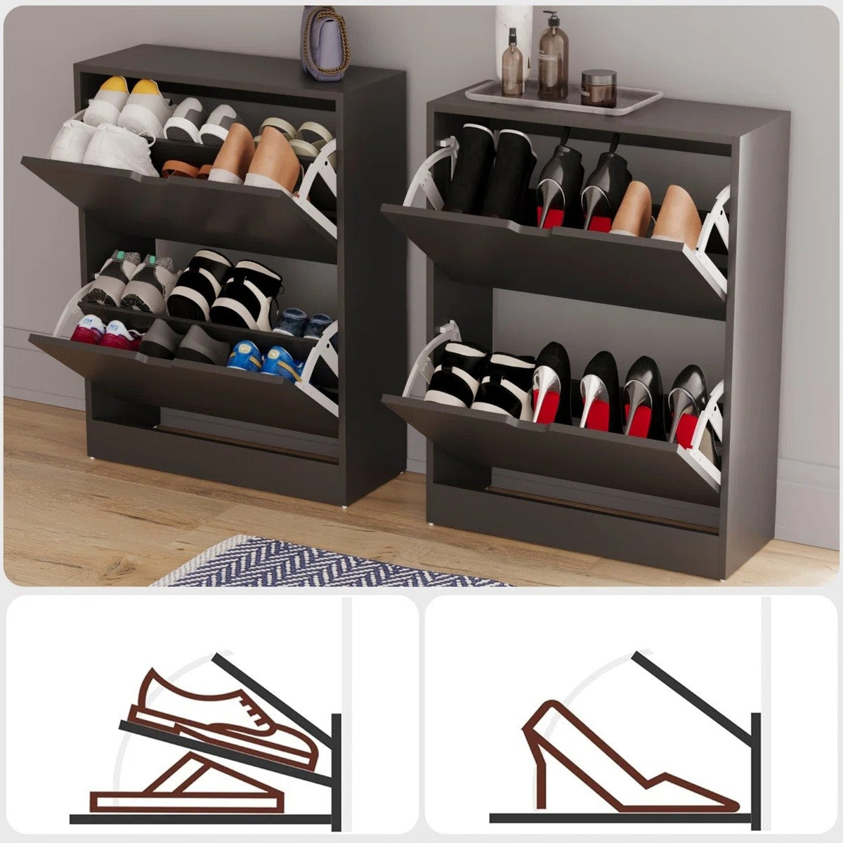 Modern Home two-tier matte black shoe storage cabinets with pull-down drawers and adjustable dividers for narrow entryways.