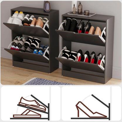 Modern Home two-tier matte black shoe storage cabinets with pull-down drawers and adjustable dividers for narrow entryways.