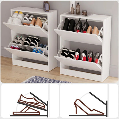 Modern Home two-tier white shoe storage cabinets with drop-down compartments and adjustable interior dividers.