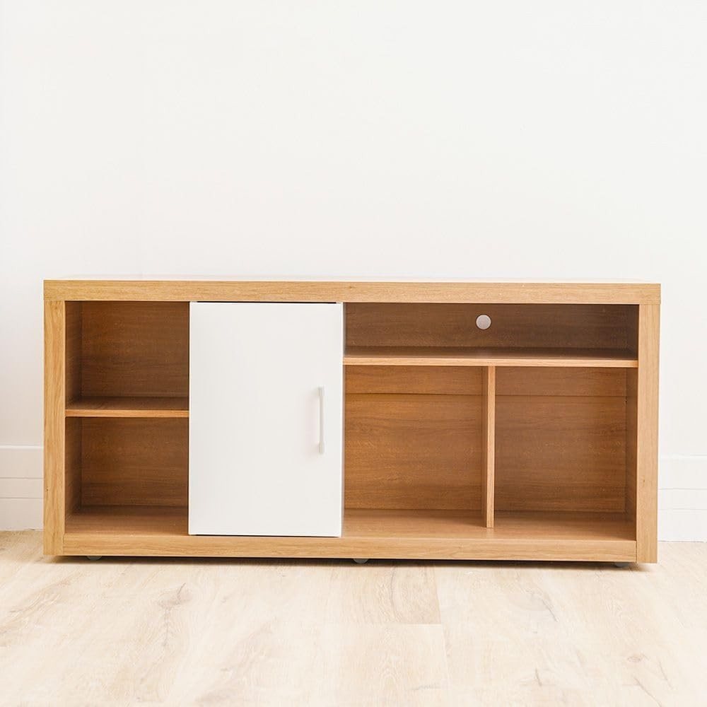 Modern Home two-tone media console with natural wood grain finish and a white cabinet door for living room storage.