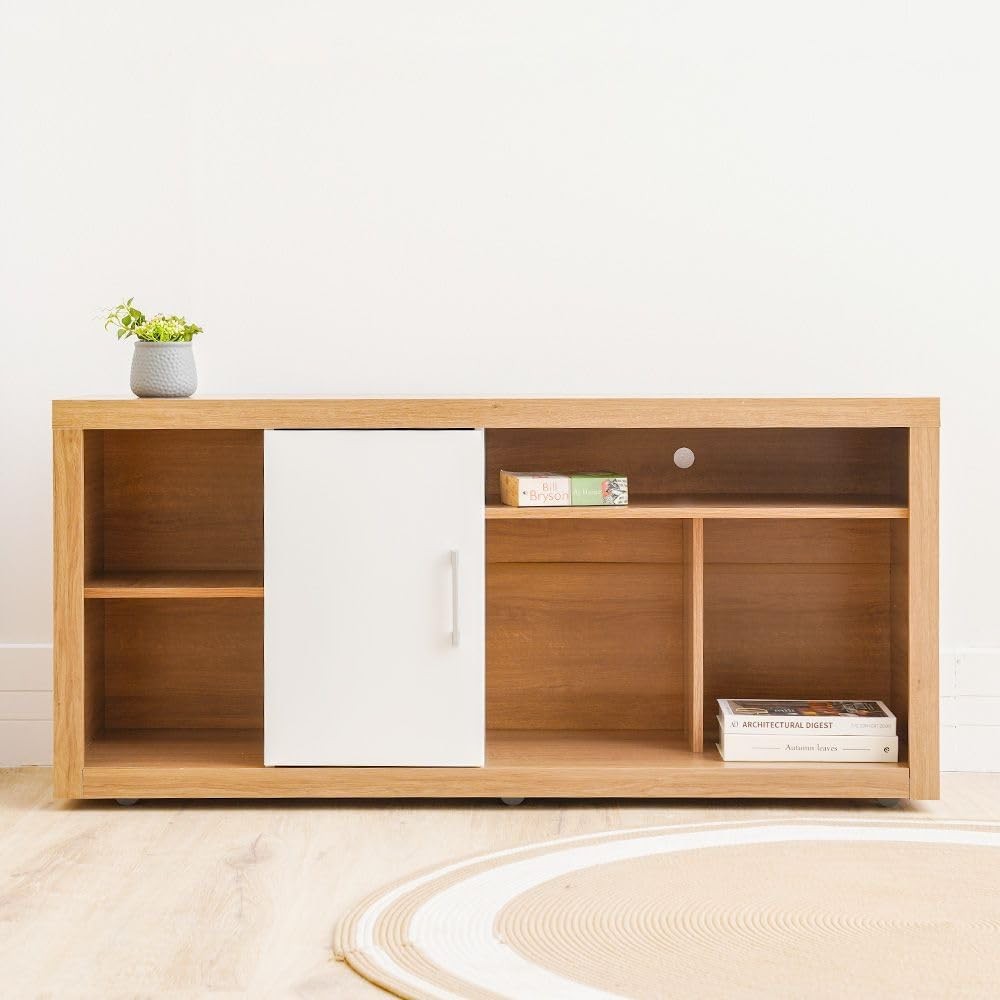 Modern Home two-tone TV stand with natural wood grain finish, white cabinet door, and open shelving for media storage.
