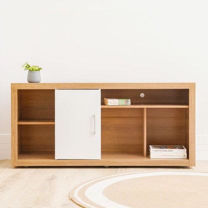 Modern Home two-tone TV stand with natural wood grain finish, white cabinet door, and open shelving for media storage.