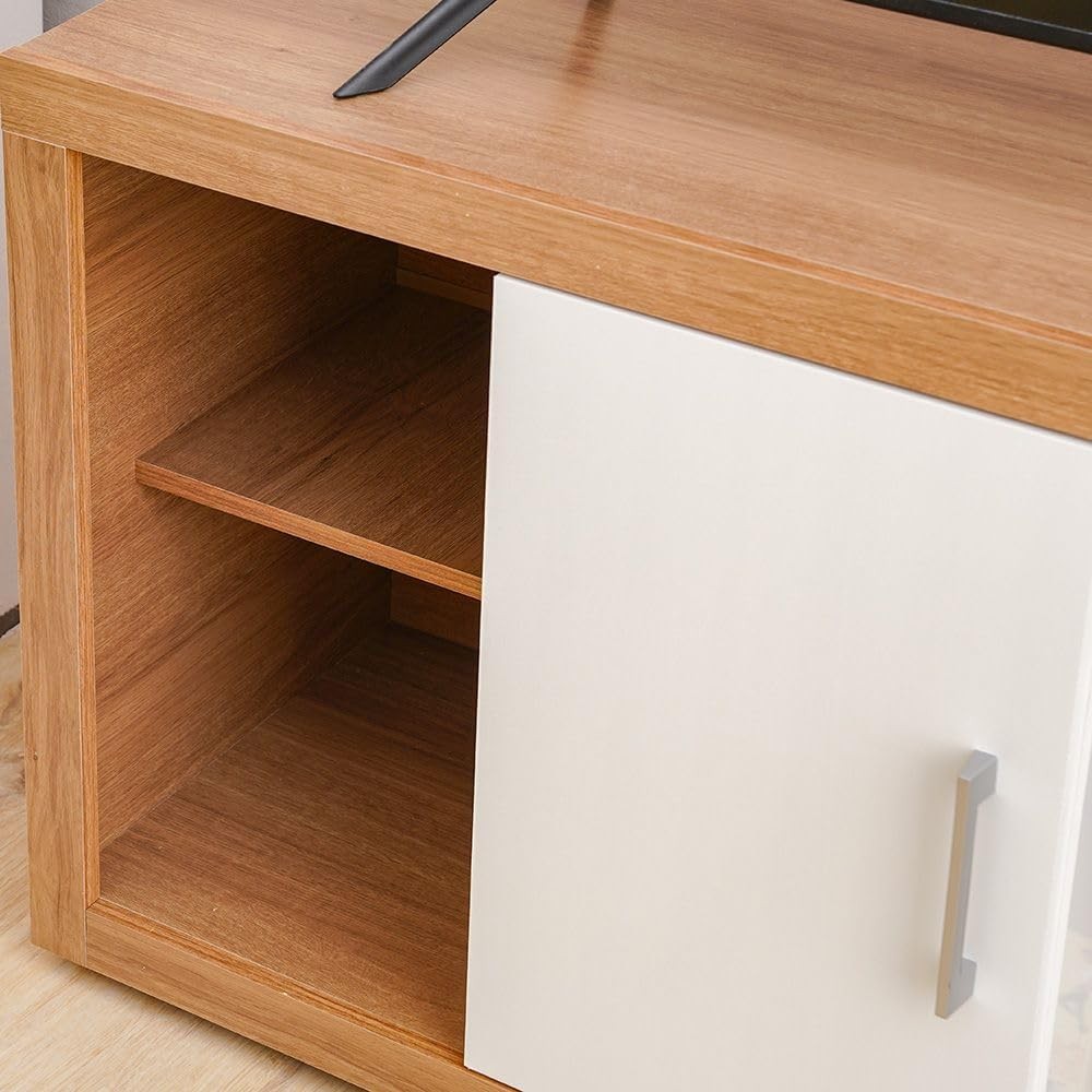 Modern Home two-tone media console with natural wood grain finish and a white cabinet door with a silver handle.