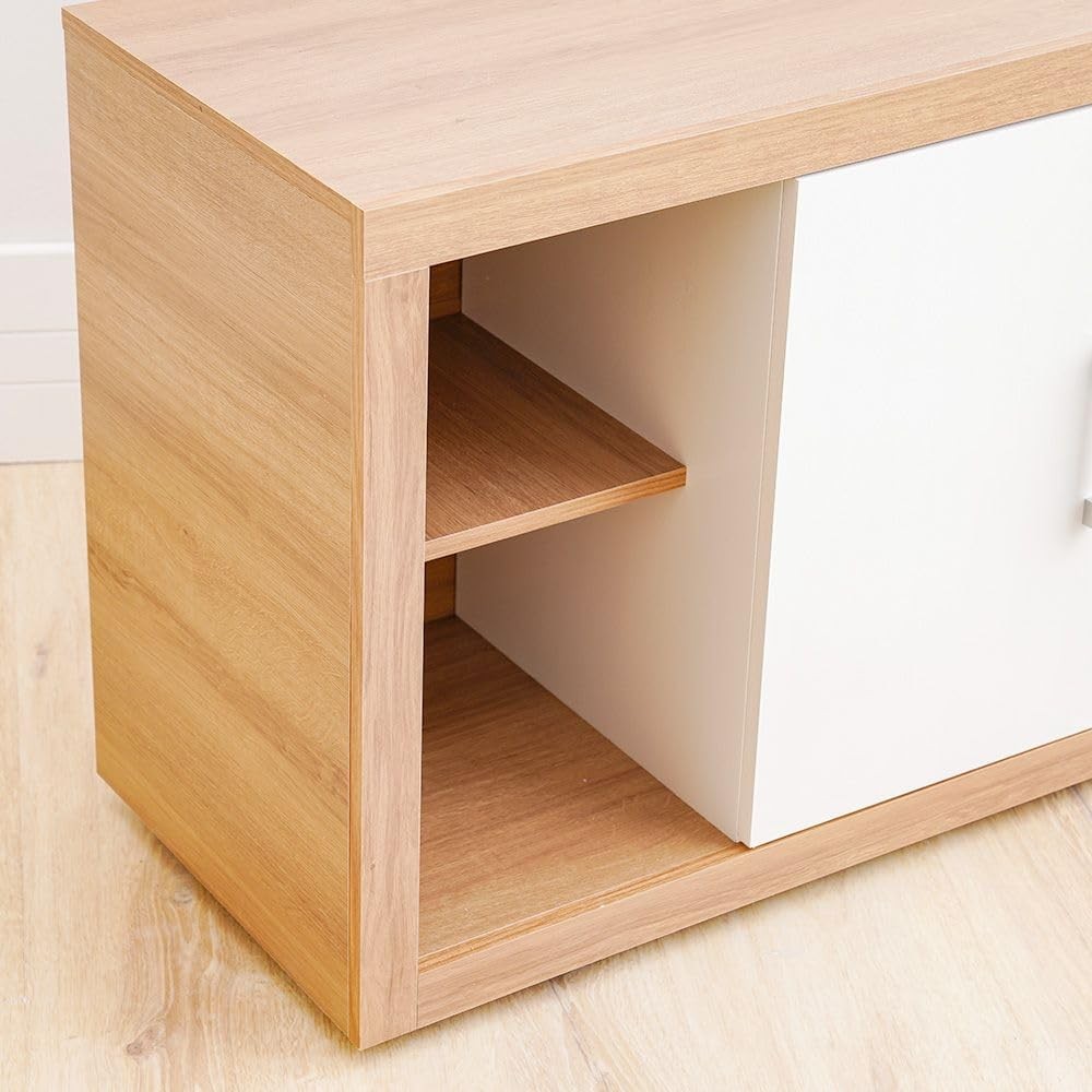 Modern Home two-tone media console with natural wood grain finish and white cabinet door featuring open shelving.