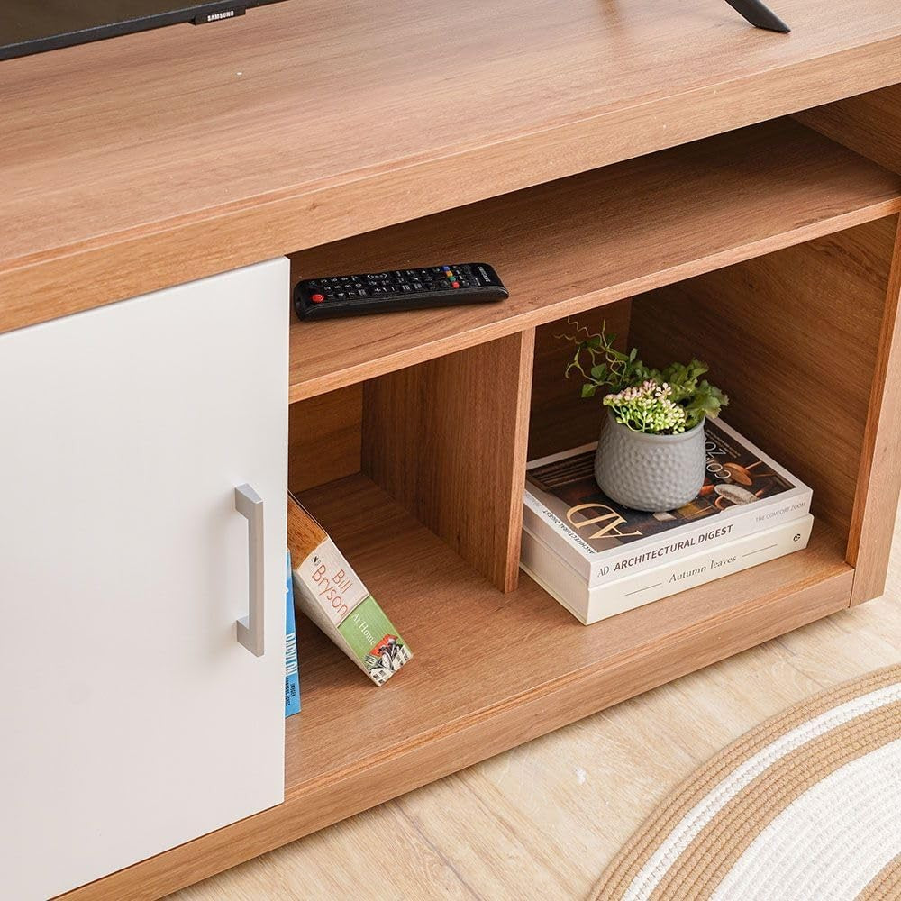 Modern Home two-tone media console with natural wood grain finish and white cabinet door featuring open shelving.