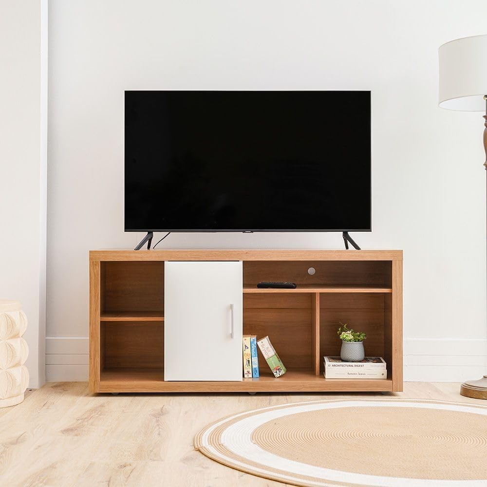 Modern Home two-tone media console with natural wood grain and white cabinet door holding a flat screen TV