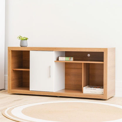 Modern Home two-tone media console with natural wood grain and a white cabinet door, featuring open shelving.