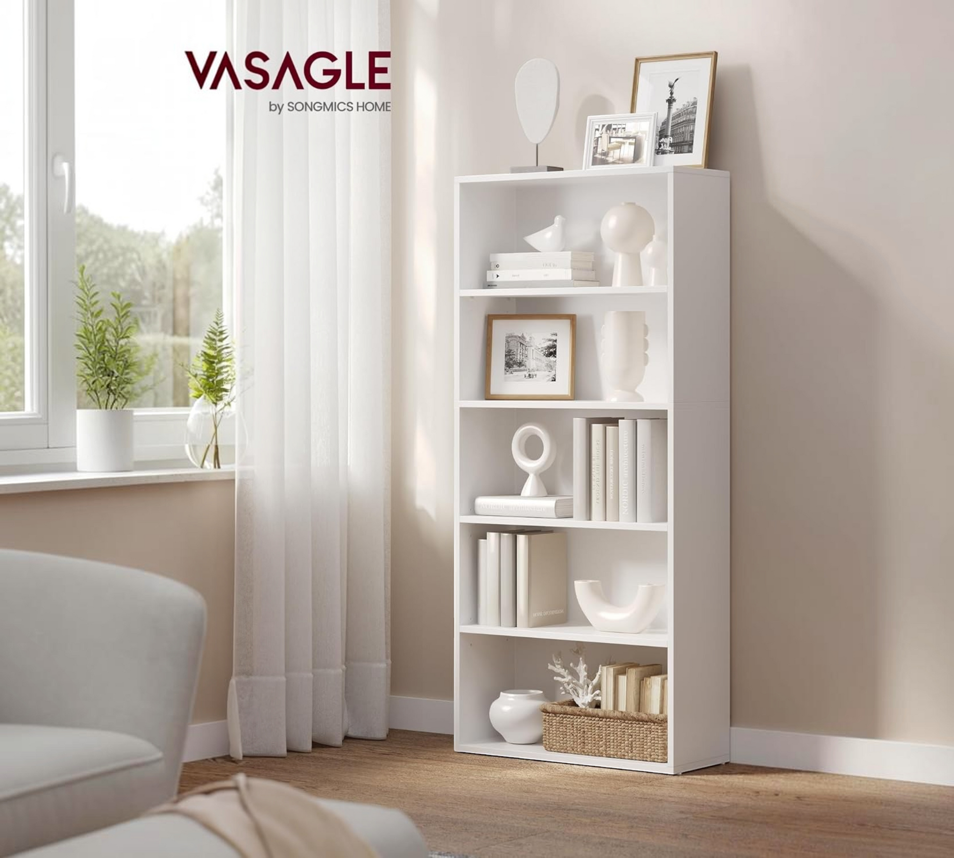 Modern Home VASAGLE five-tier white tall storage bookcase styled with books and decor in a bright living room.