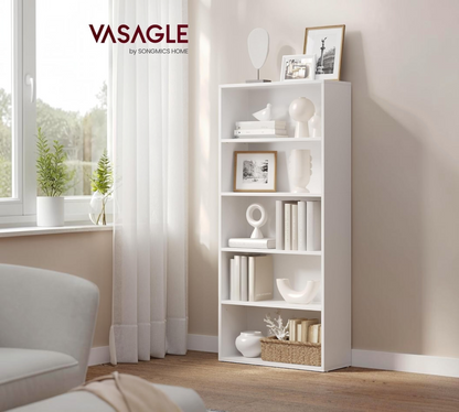 Modern Home VASAGLE five-tier white tall storage bookcase styled with books and decor in a bright living room.