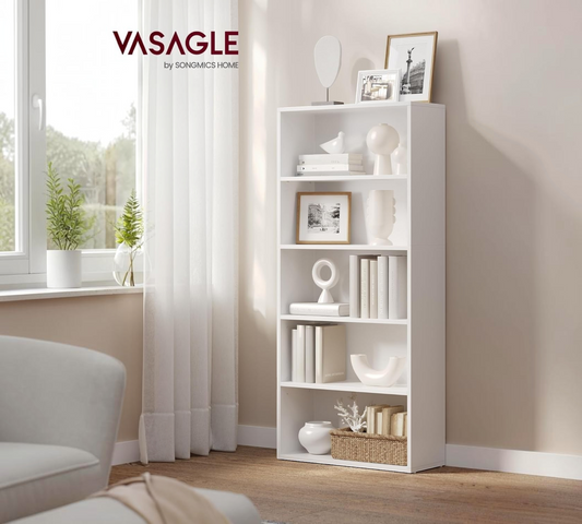 Modern Home VASAGLE five-tier white tall storage bookcase styled with books and decor in a bright living room.